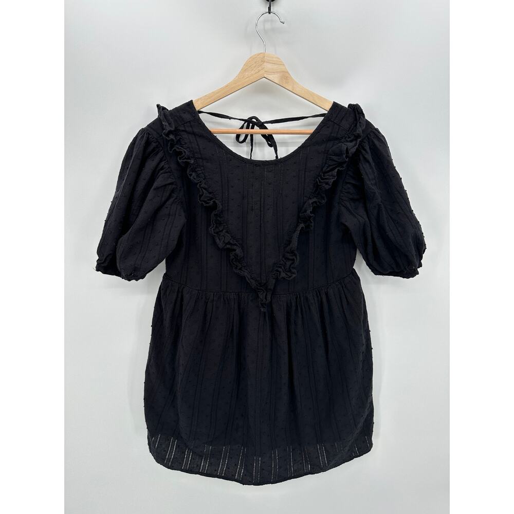 Modcloth Mini Dress Small Black Puff Swiss Dot Tie Back Ruffle Cotton Dark Fairy
